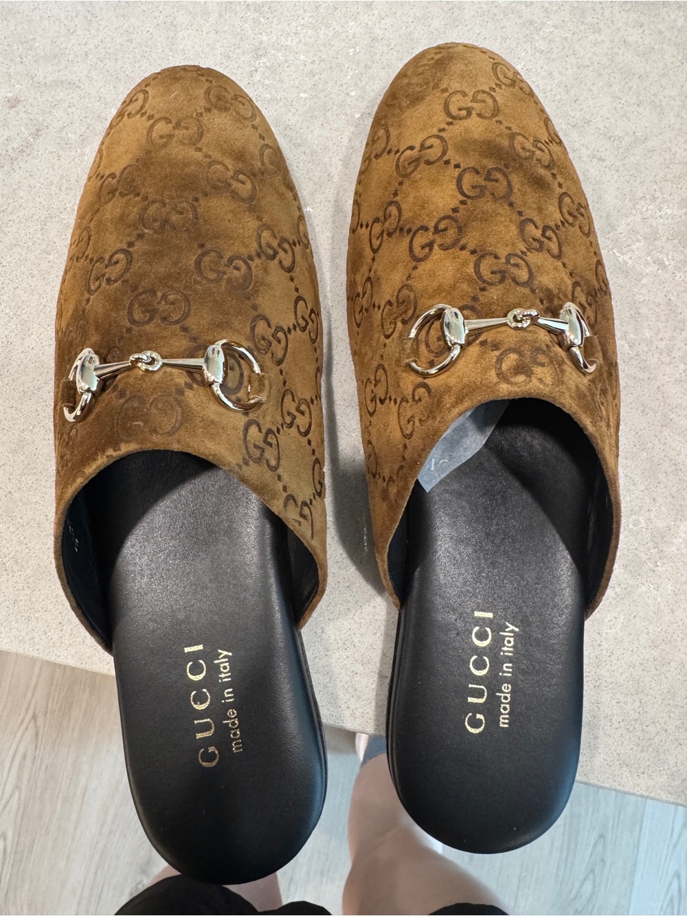 Gucci Tan Suede GG Horsebit Mule Slides